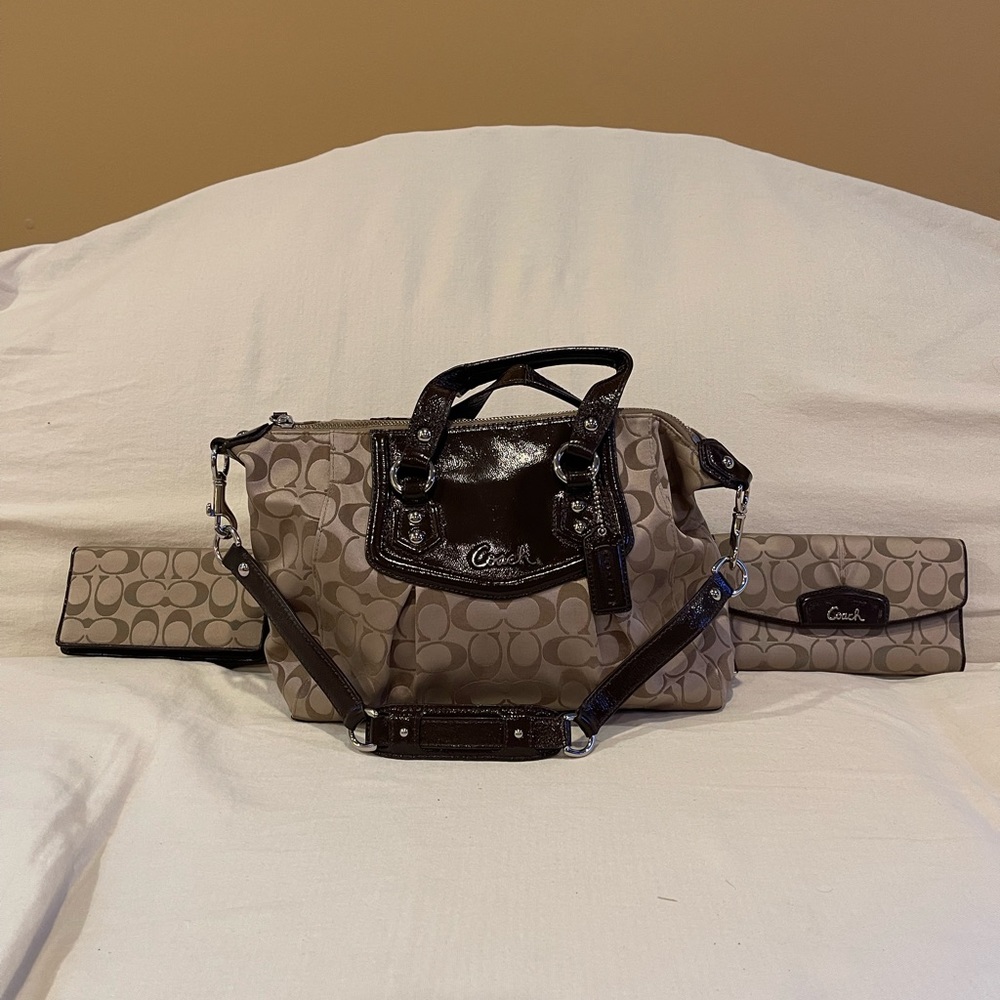 Like new Coach satin/patent leather satchel,wallet and checkbook cover